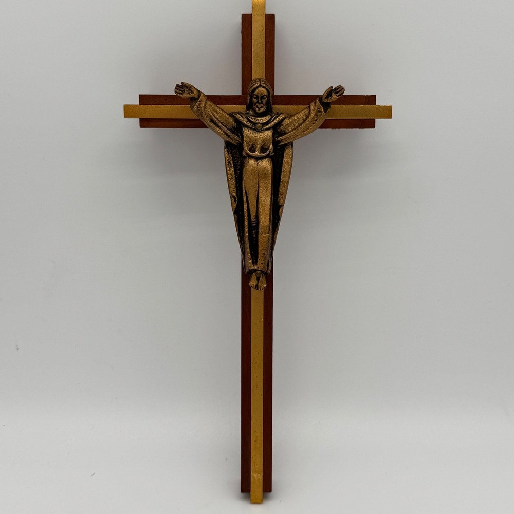 Vintage MCM Risen Christ Wall Cross Solid Walnut Brass Inlay Resurrection 10"